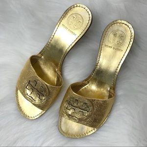 Tory Burch Metallic Gold Heeled Sandals Size 8